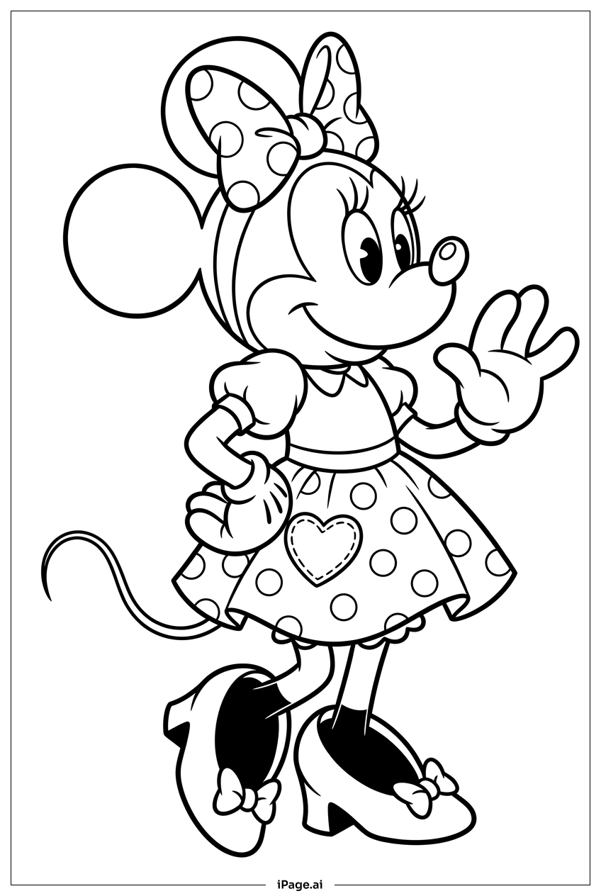 Minnie Mouse winkt stolz mit Herzflicken Ausmalseite