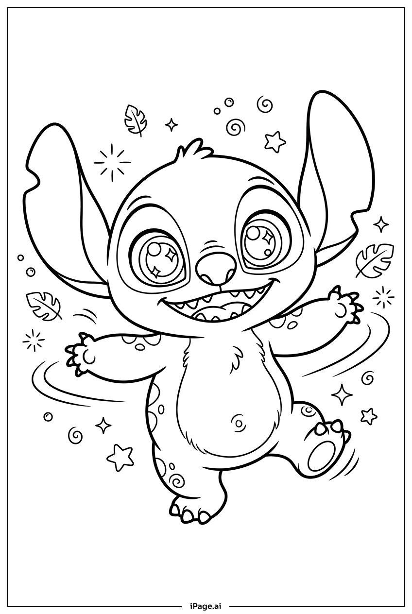 スティッチが星や葉っぱの中で楽しそうに回っているの塗り絵ページ