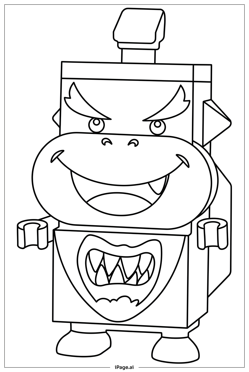 Page de coloriage Robot anguleux de Bowser Jr souriant en foulant aux pieds