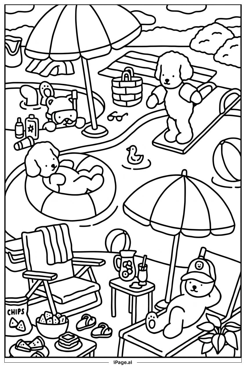 Página para colorear de Bobbie Goods Amigos de Verano Chapoteando en la Piscina