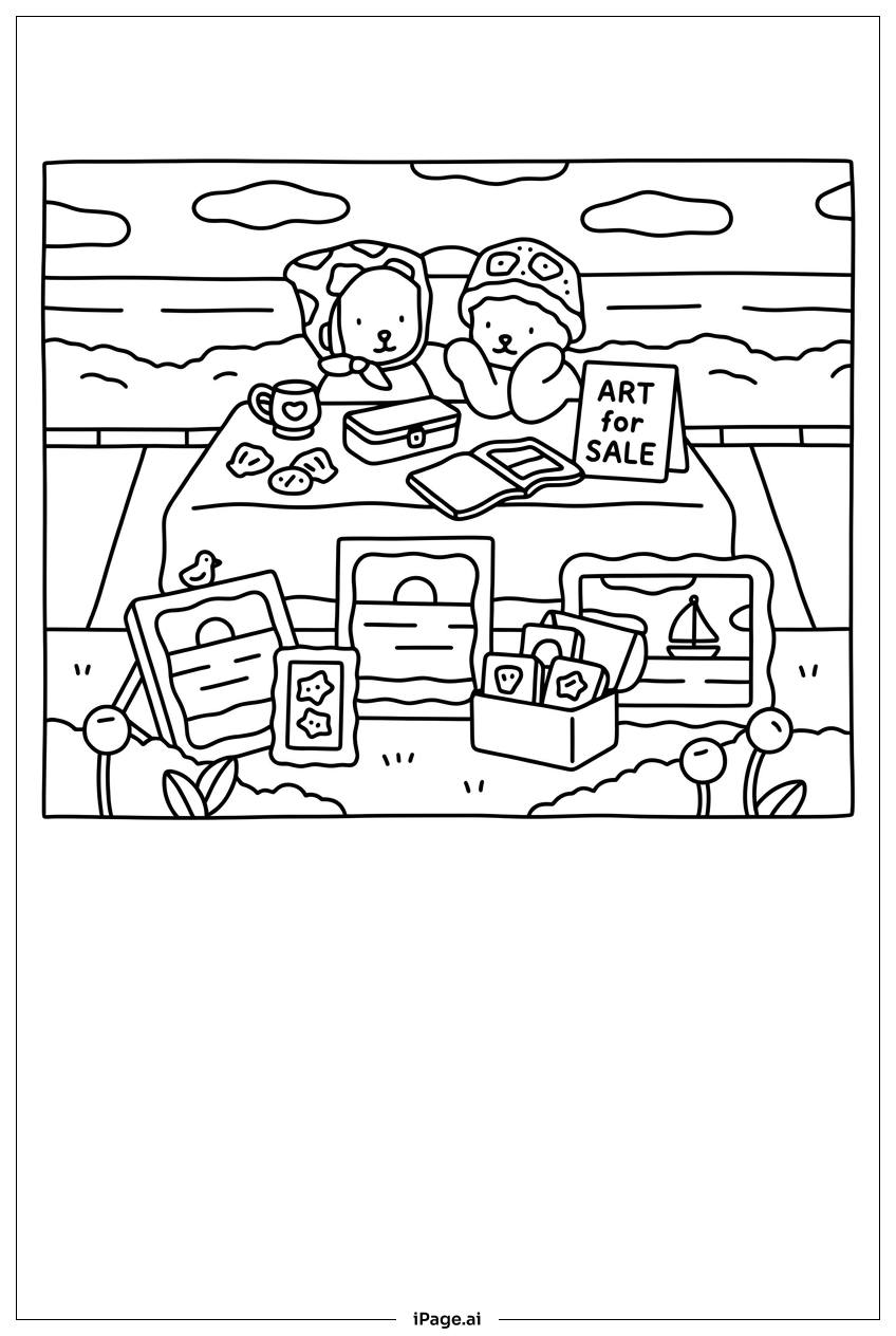 Página para colorear de Puesto de Arte de Bobbie Goods junto al Mar