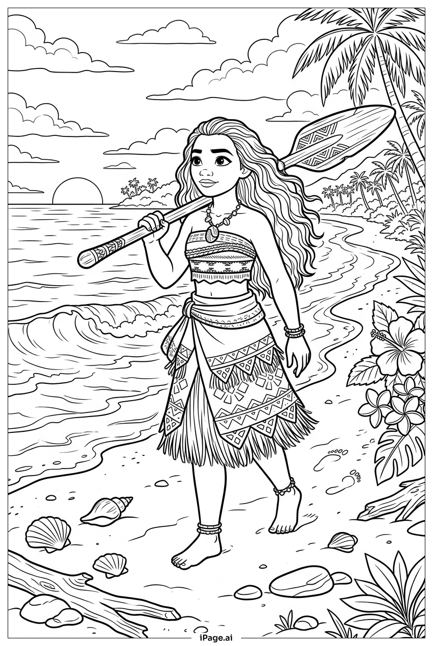 Page de coloriage Moana se promenant sur la plage au coucher de soleil tropical calme