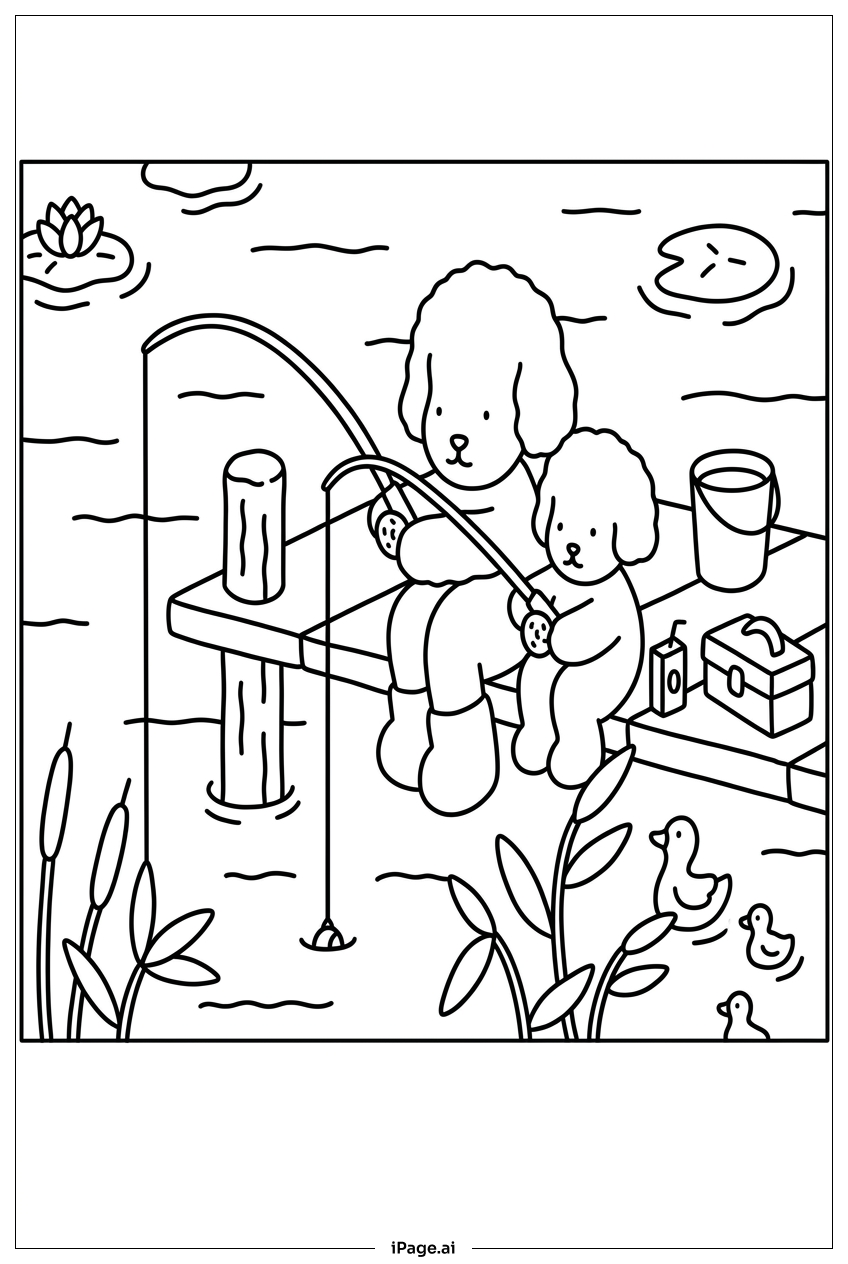 Página para colorear de Bobbie Goods Pesca Tranquila en el Muelle del Lago