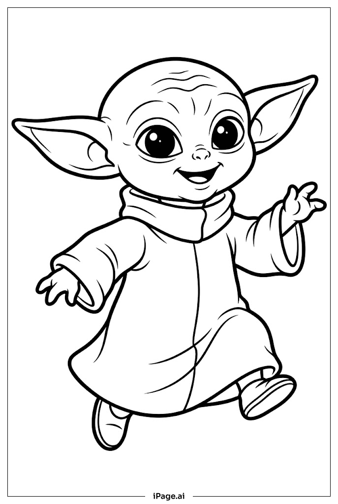 Baby Yoda 開心地用小腳奔跑著色頁