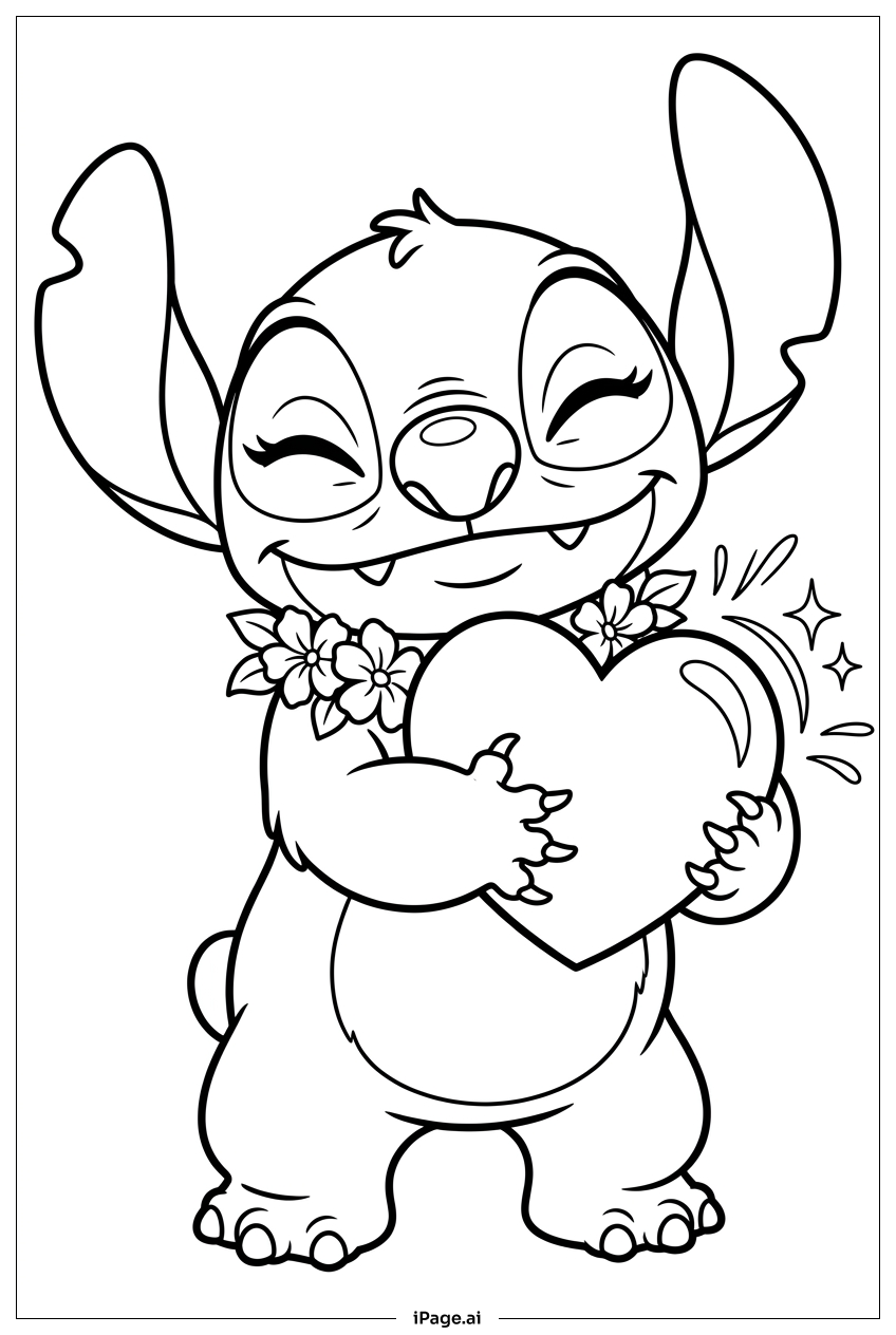 愛を込めて輝くハートを抱きしめるスティッチの塗り絵ページ