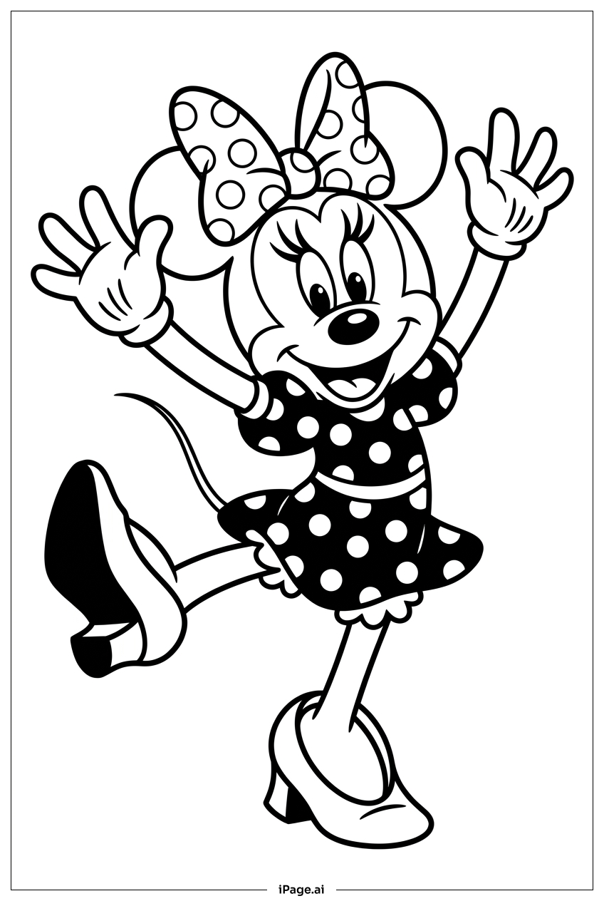 Minnie Maus fröhlich mit erhobenen Händen springend Ausmalseite