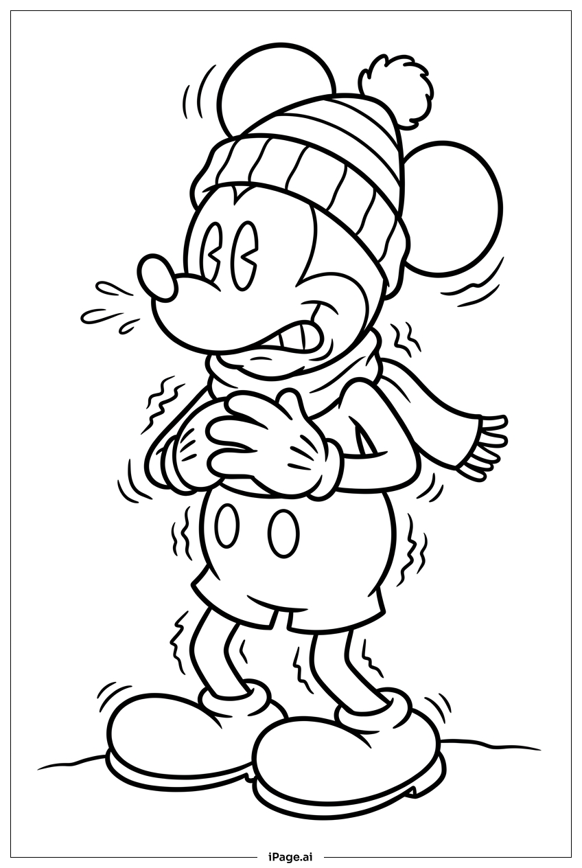 Micky Maus zittert in Wintermütze Ausmalseite