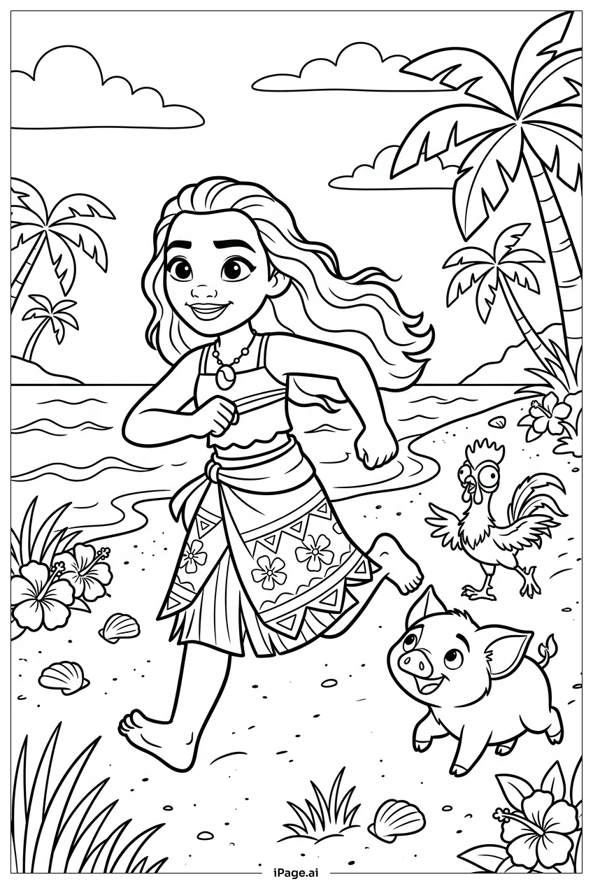 Page de coloriage Moana running joyfully with Pua and Heihei