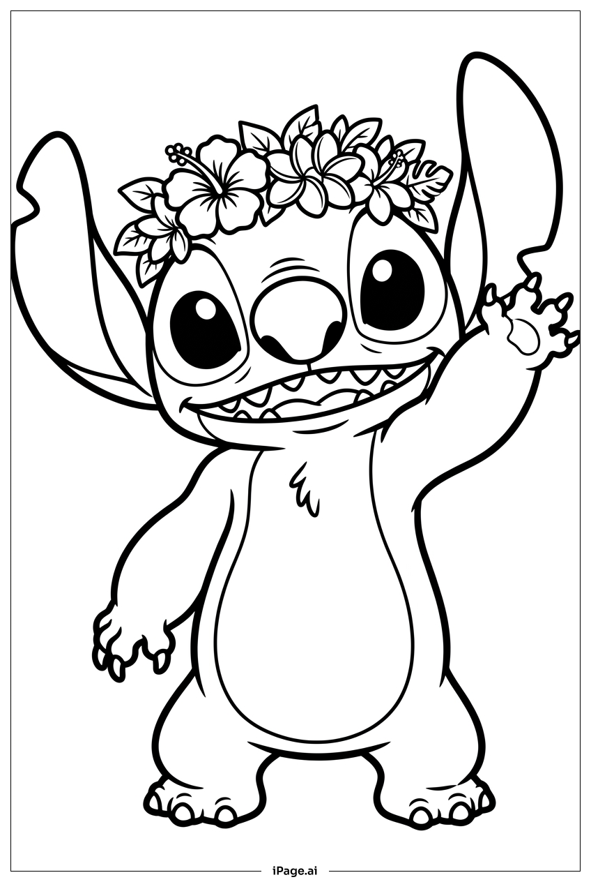 花の島の冠をかぶったアロハを振るスティッチの塗り絵ページ