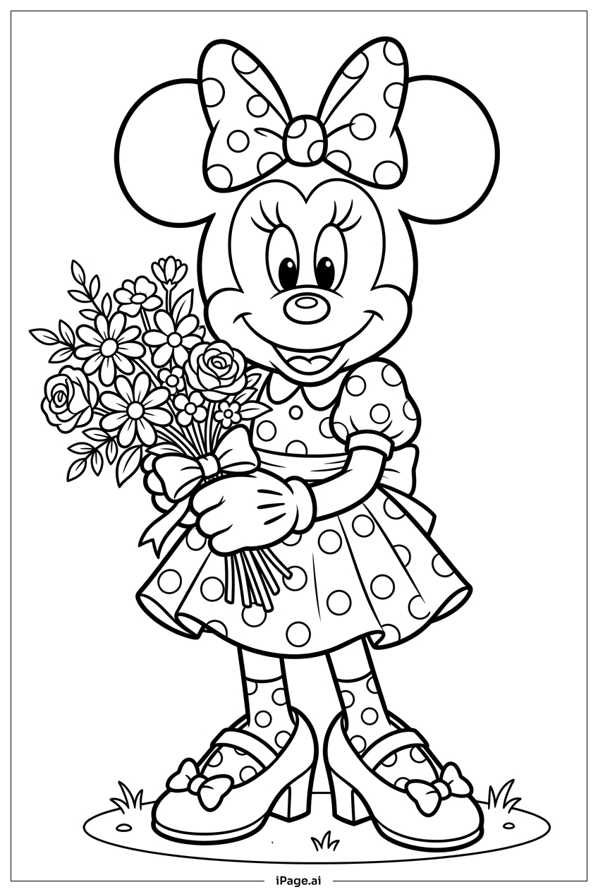 Minnie Mouse mit einem schönen Blumenstrauß Ausmalseite
