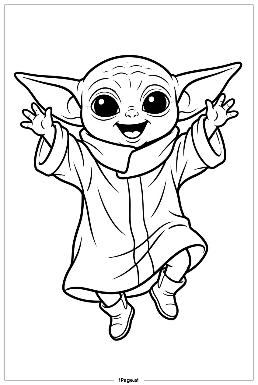 Baby Yoda 歡喜躍起雙手高舉著色頁