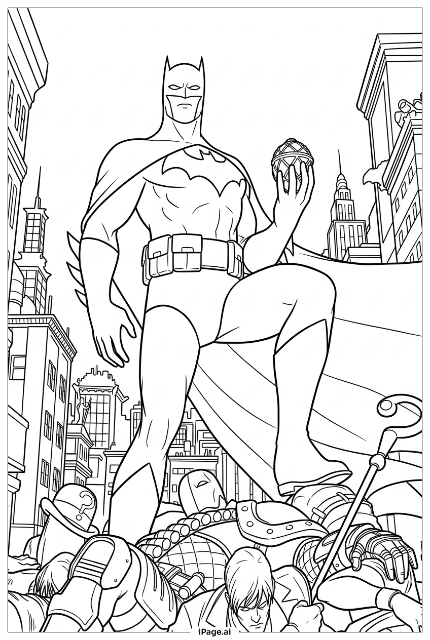 Batman Stands Victorious Over Defeated Rogues Coloring Page