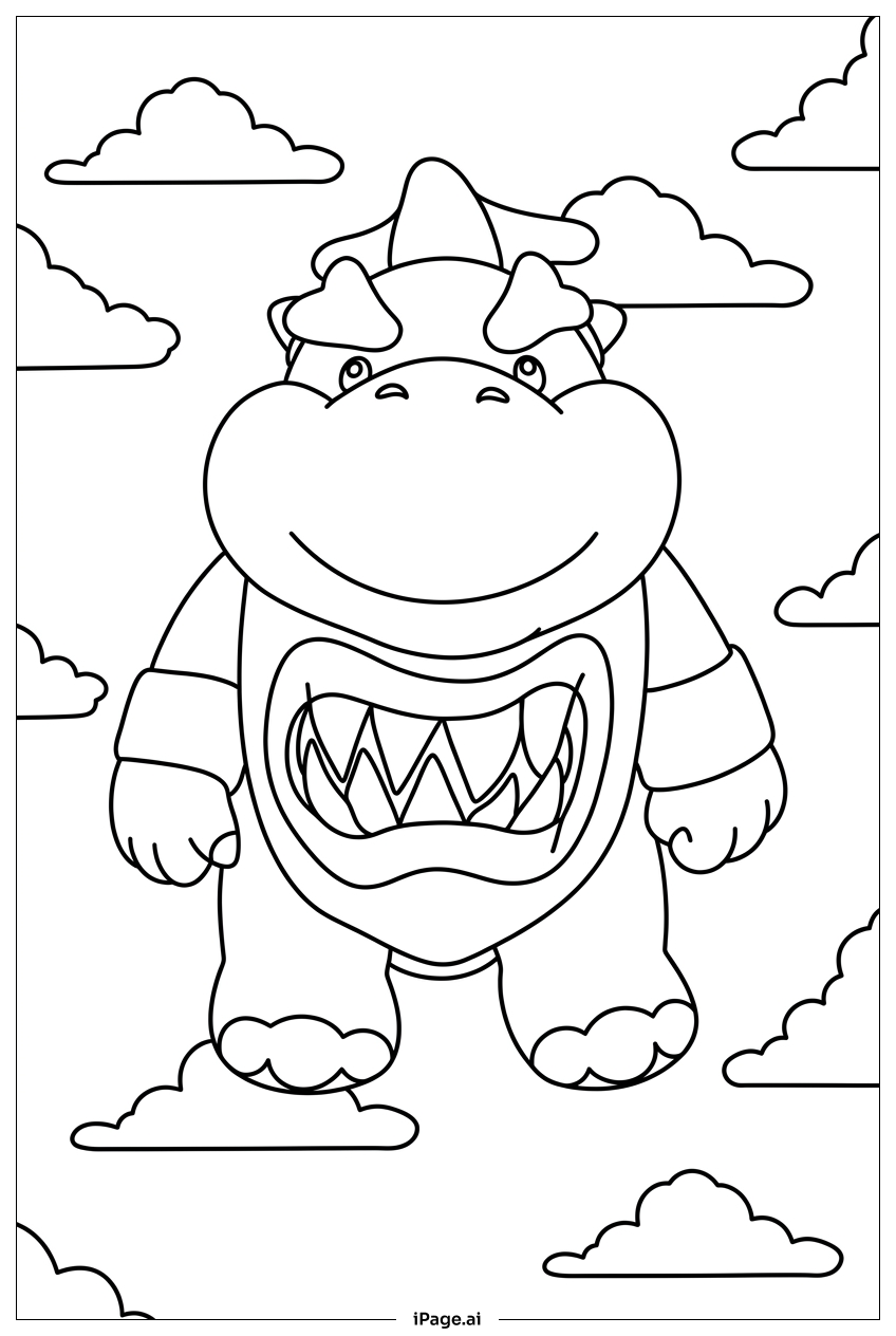 Page de coloriage Bowser Jr se promène tranquillement parmi les nuages moelleux