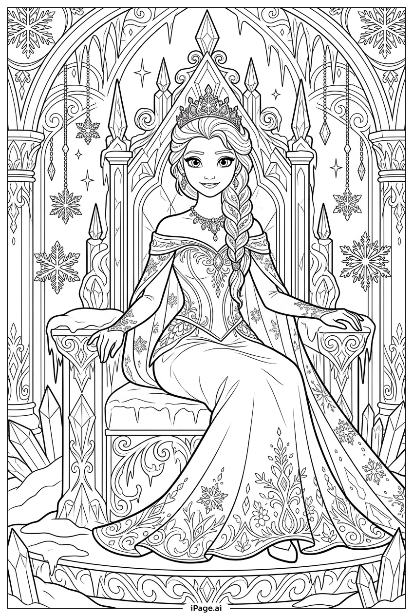 Elsa thront auf einem prachtvollen Eisthron Ausmalseite