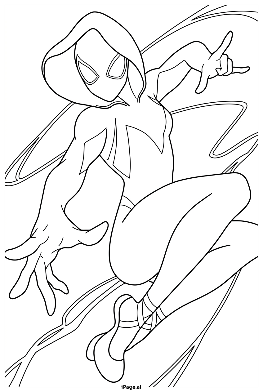Spider Gwen twists midair, hands casting webs Coloring Page