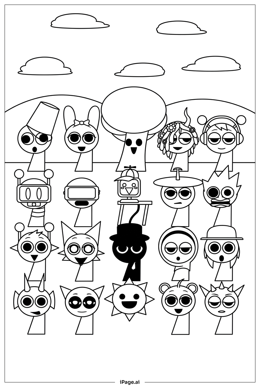 Página para colorir de Sprunki toda a equipe posando para a foto