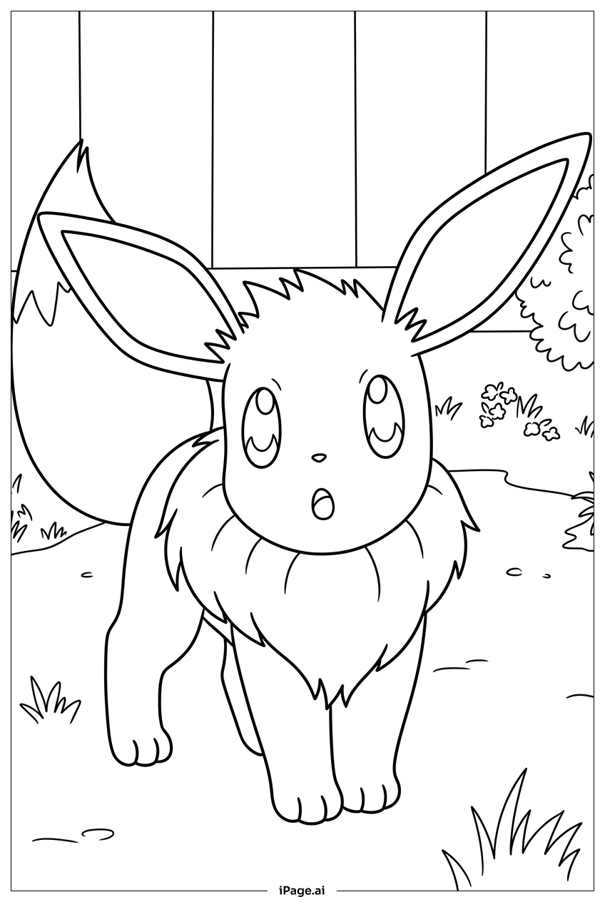 木のフェンスのそばで庭を探検するイーブイの塗り絵ページ