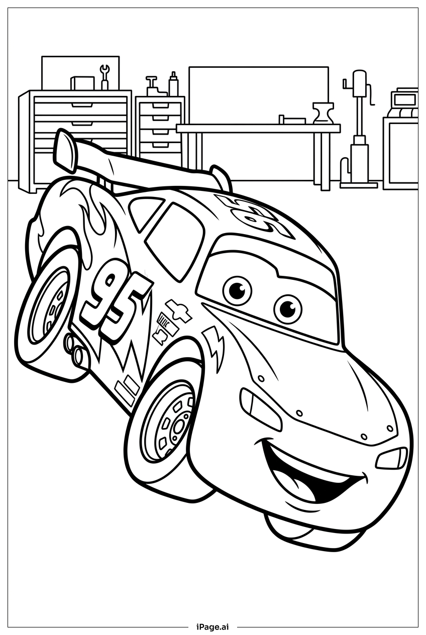 Lightning Mcqueen getting tuned in the garage Coloring Page