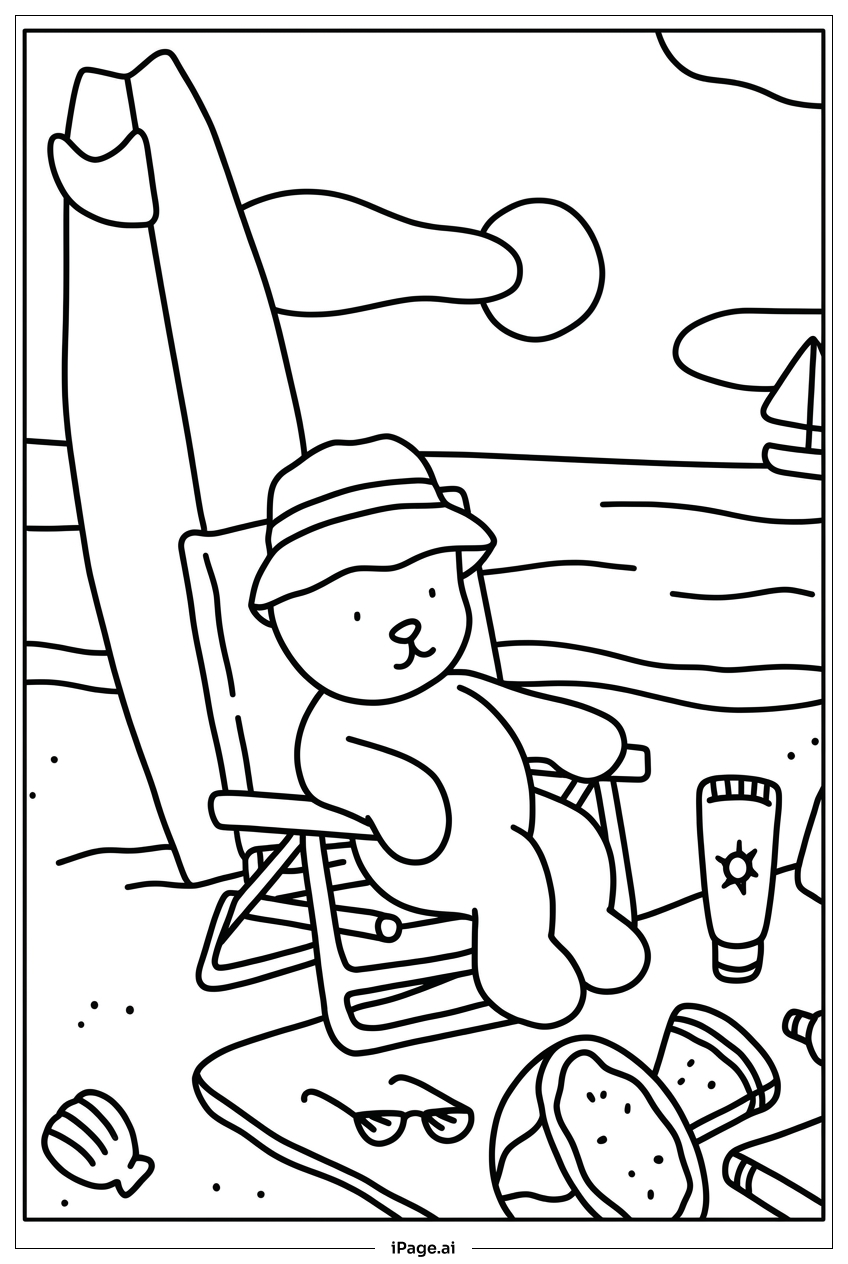 Página para colorear de Siesta en la playa de Bobbie Goods junto a una tabla de surf alta