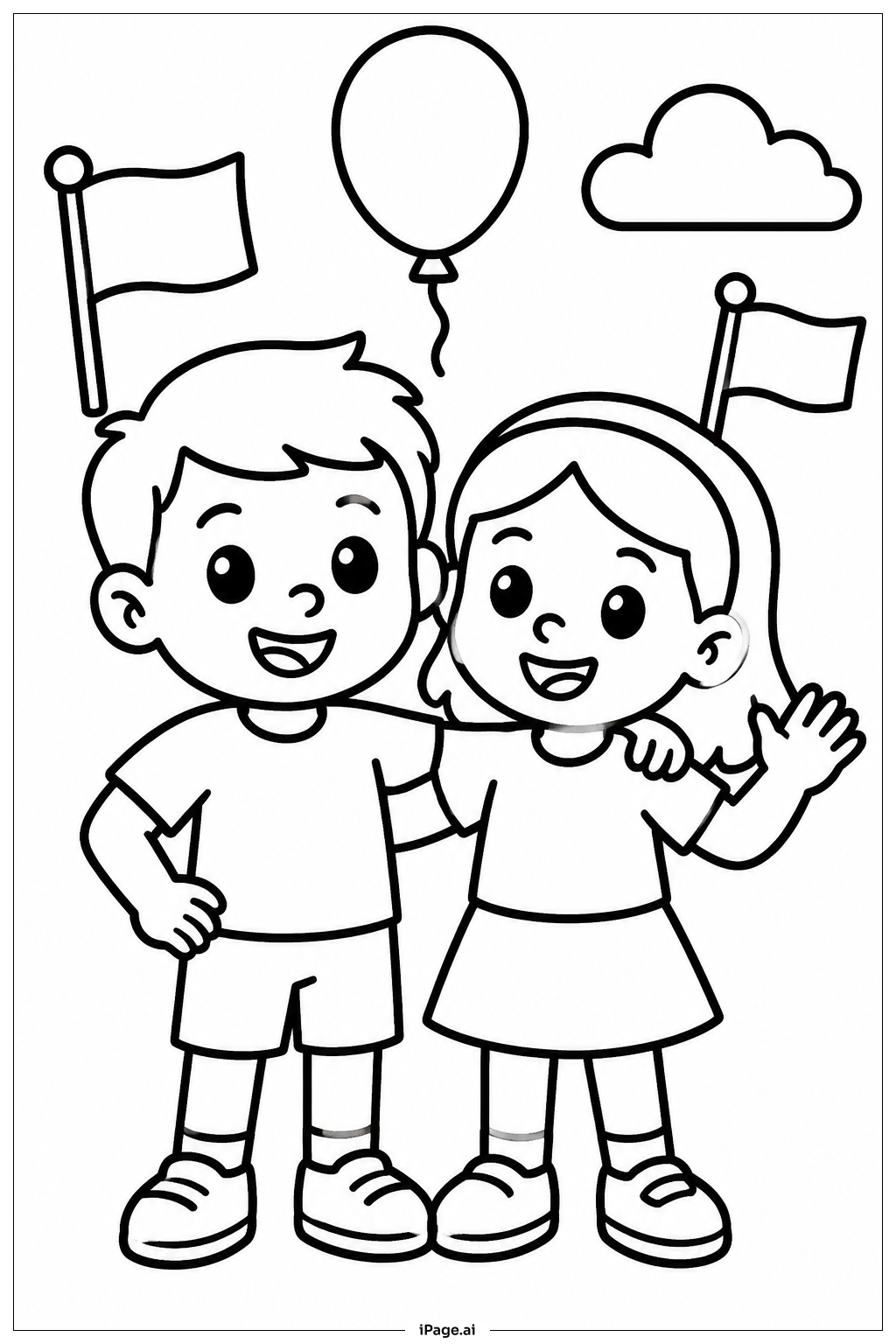 独立記念日の旗を振る子どもたちの塗り絵ページ