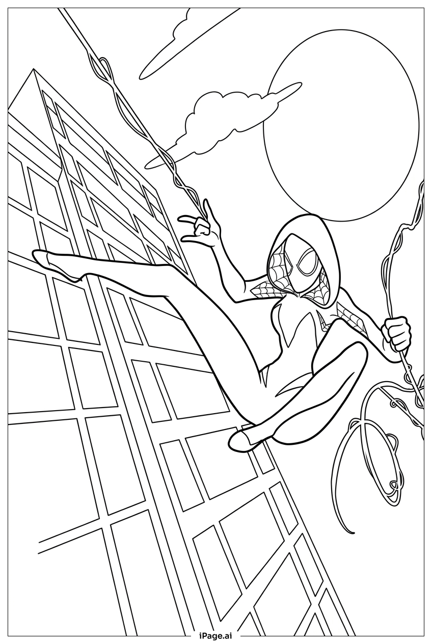 Spider Gwen swings past skyscraper at sunset
