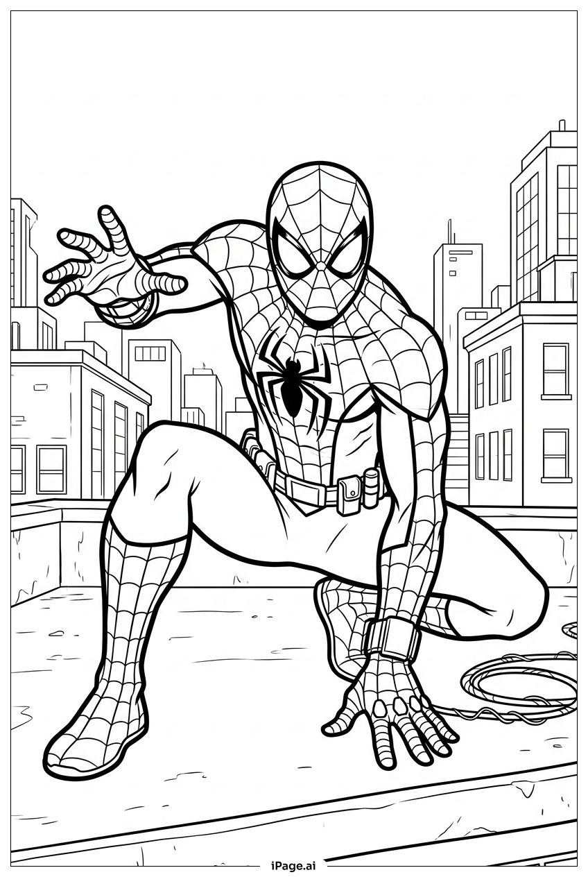 Página para colorir de Homem-Aranha agachado no telhado pronto para emboscada