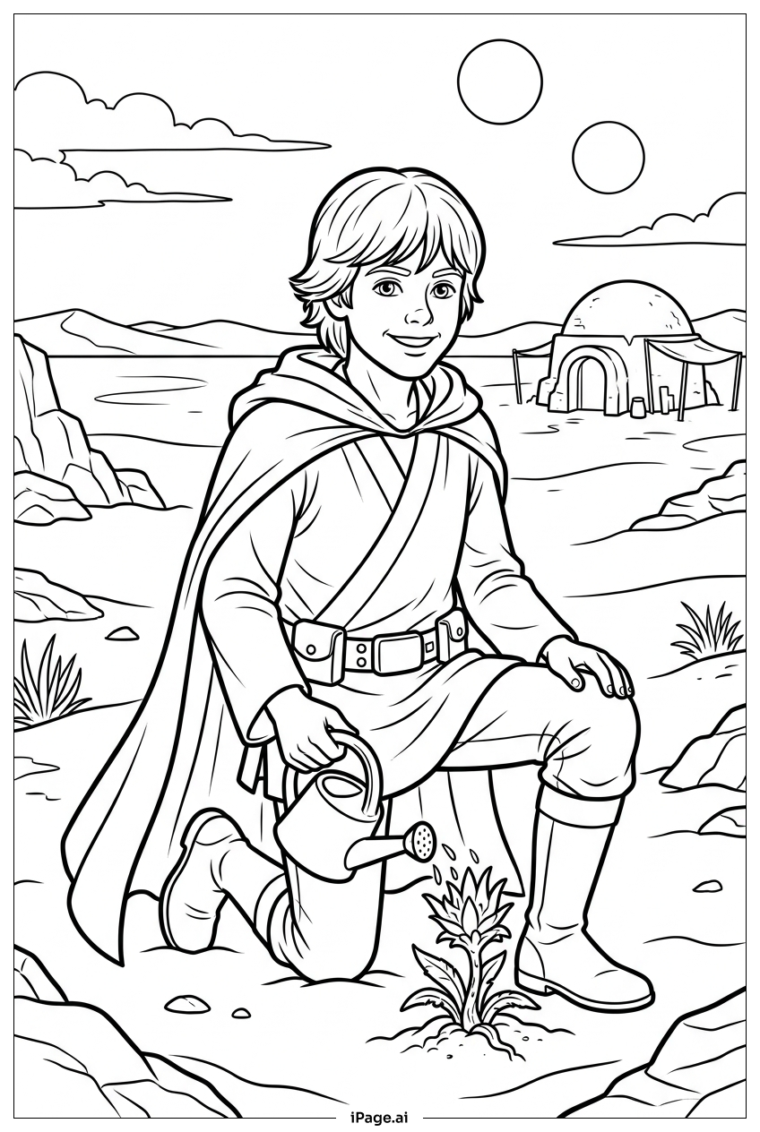  Star Wars farm boy waters hopeful seedling Coloring Page 