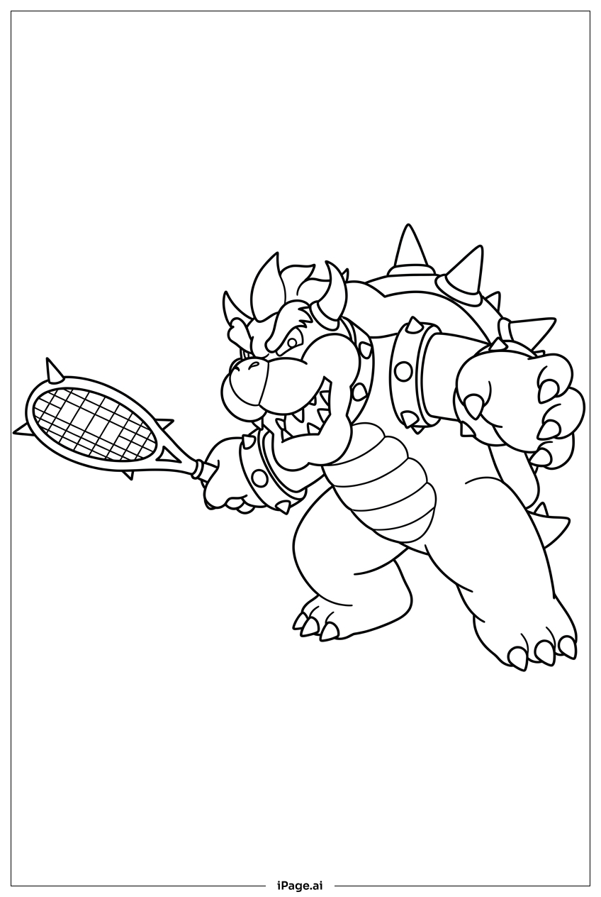 Bowser swings a tennis racket with power Coloring Page