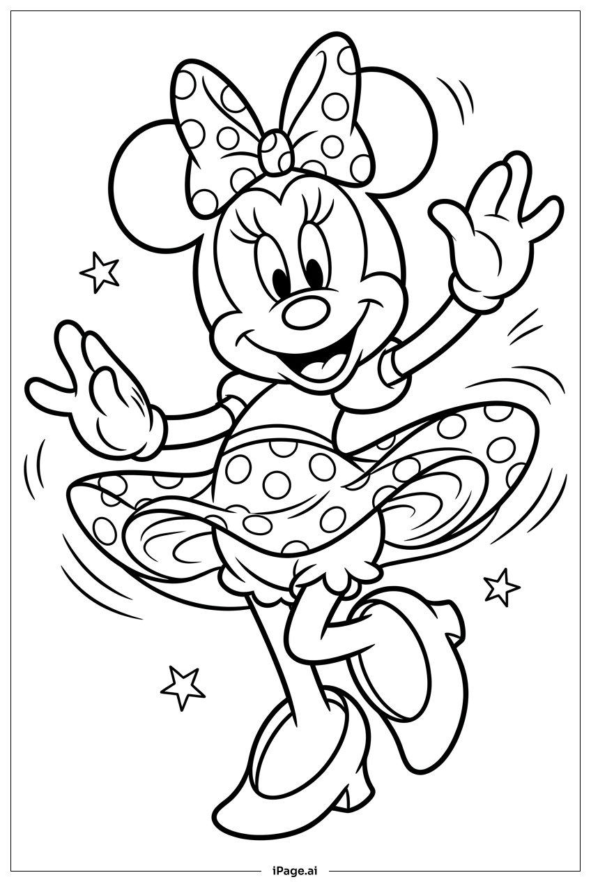Minnie Maus mit wirbelndem Rock und funkelnden Sternen Ausmalseite