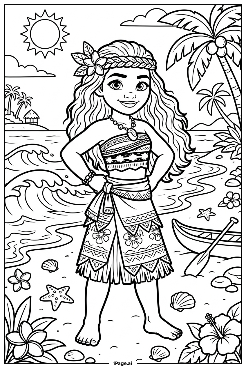 Page de coloriage Moana debout avec assurance à côté d'un canoë scintillant au bord de la mer