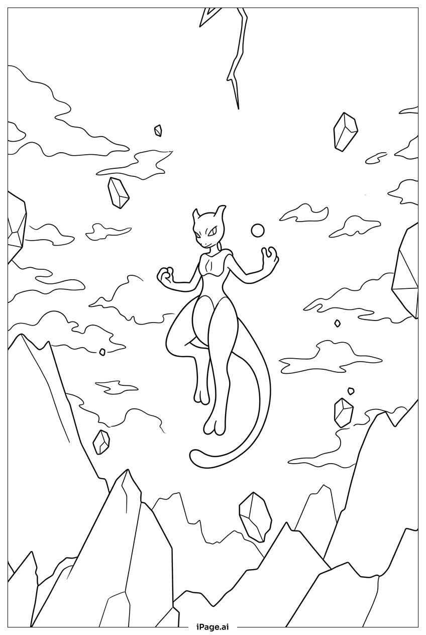 Página para colorear de Mewtwo flota entre cristales del cielo destrozados