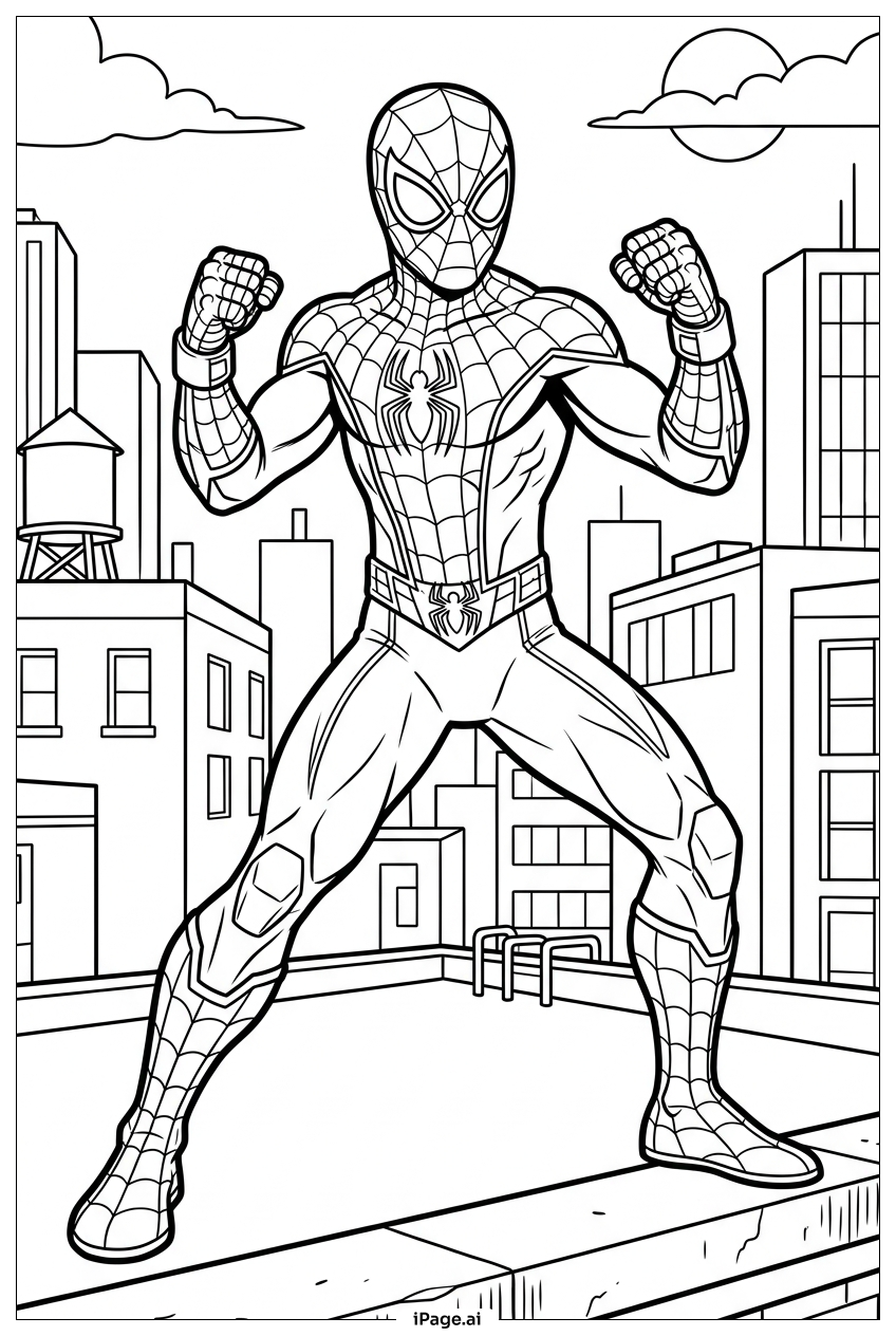 Página para colorir de Homem-Aranha ergue os punhos vitorioso no telhado