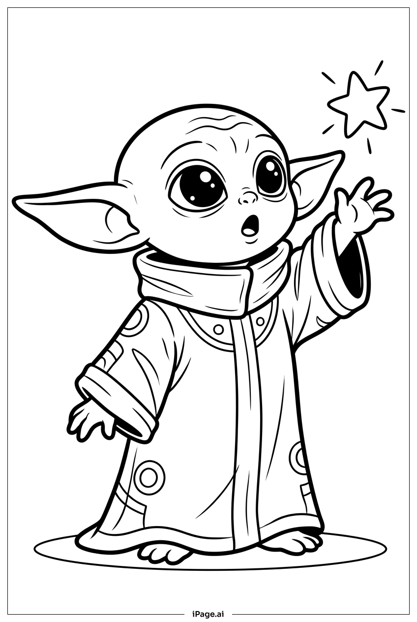 Baby Yoda 伸手觸碰閃耀指引之星著色頁