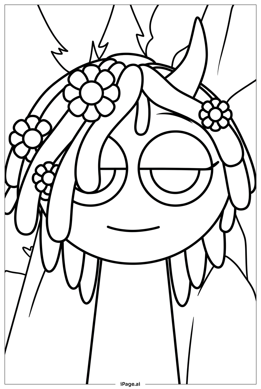  Page de coloriage Gardien de la forêt Sprunki couronné de fleurs 
