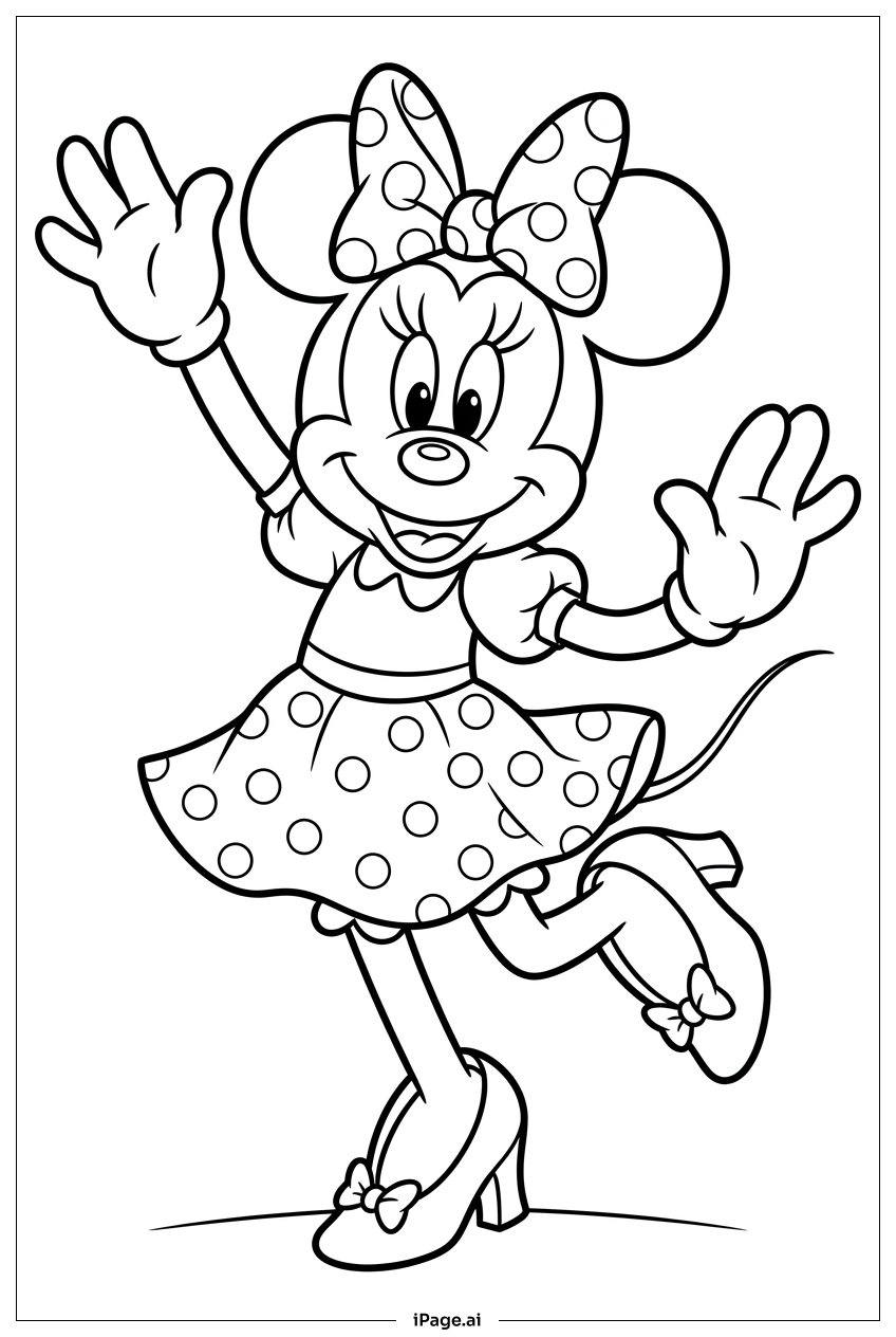 Minnie Maus fröhlich hoppeln mit großem Lächeln Ausmalseite