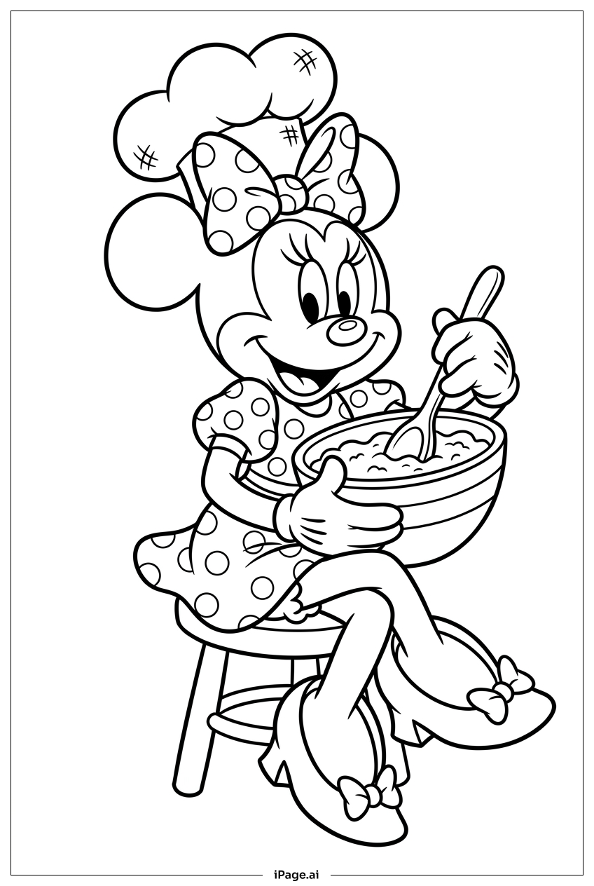 Minnie Maus beim Kuchenteig rühren mit Kochmütze Ausmalseite
