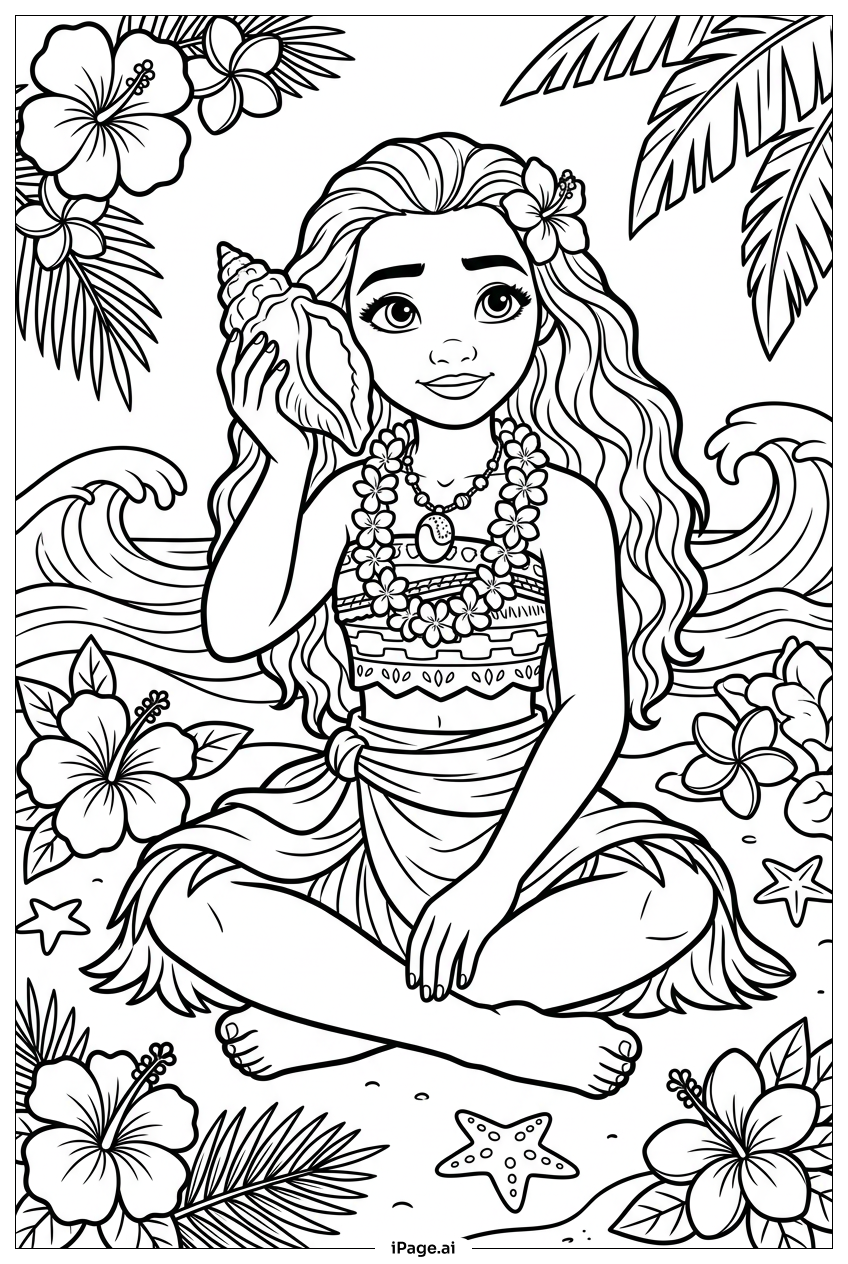 Page de coloriage Moana écoutant l'océan avec un coquillage