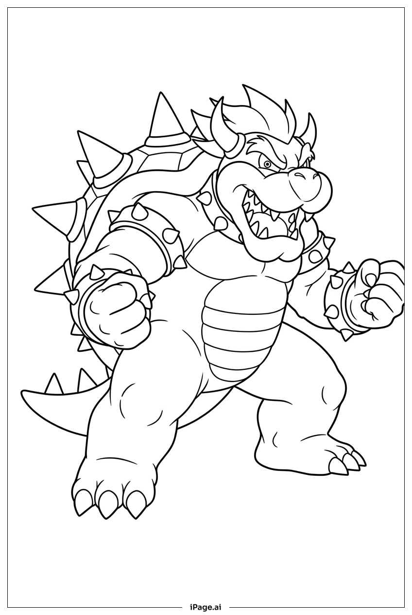 Battle ready Bowser clenches fists and snarls Coloring Page