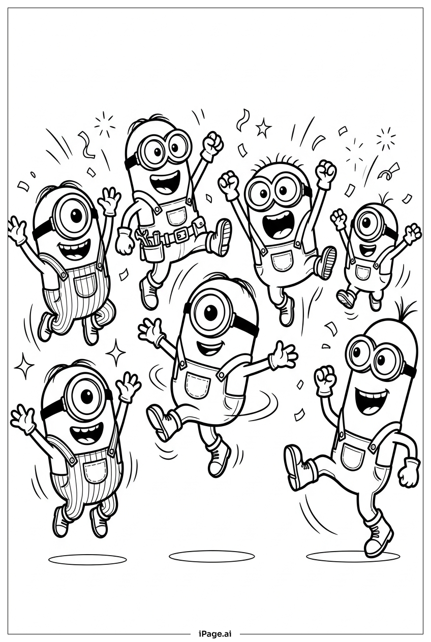  许多Minion舞者用彩纸屑庆祝填色页 