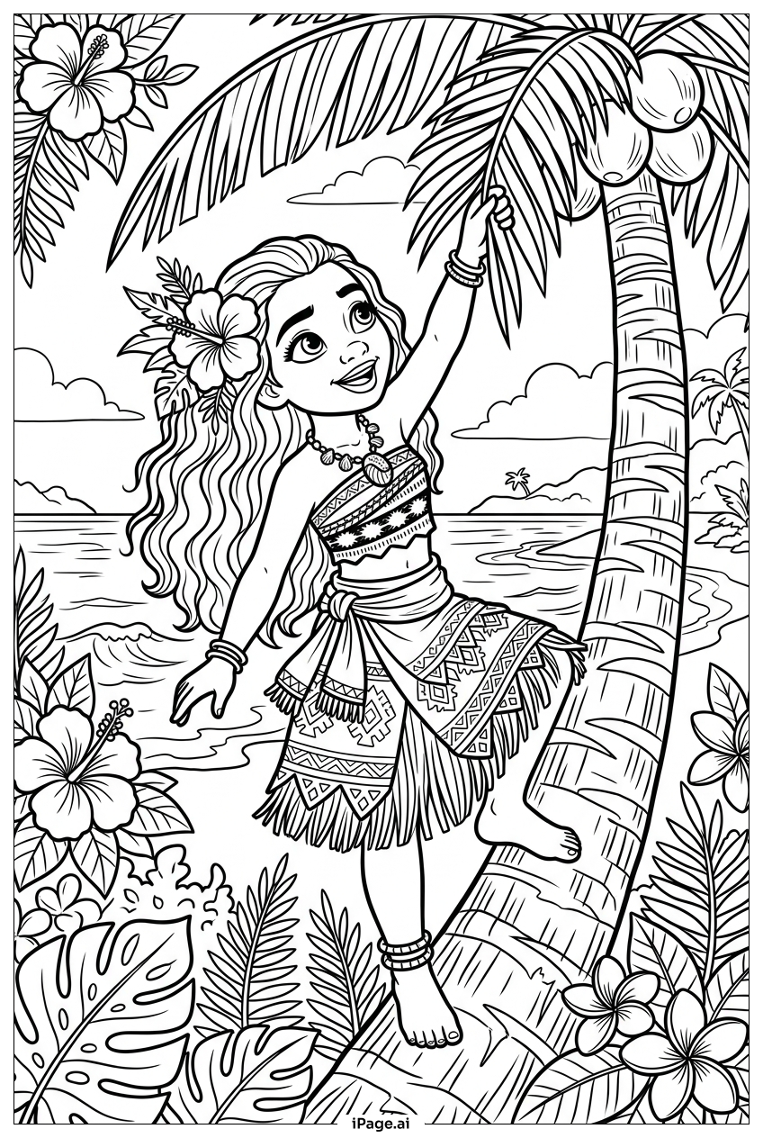 Page de coloriage Moana escaladant un cocotier pour des noix de coco sucrées