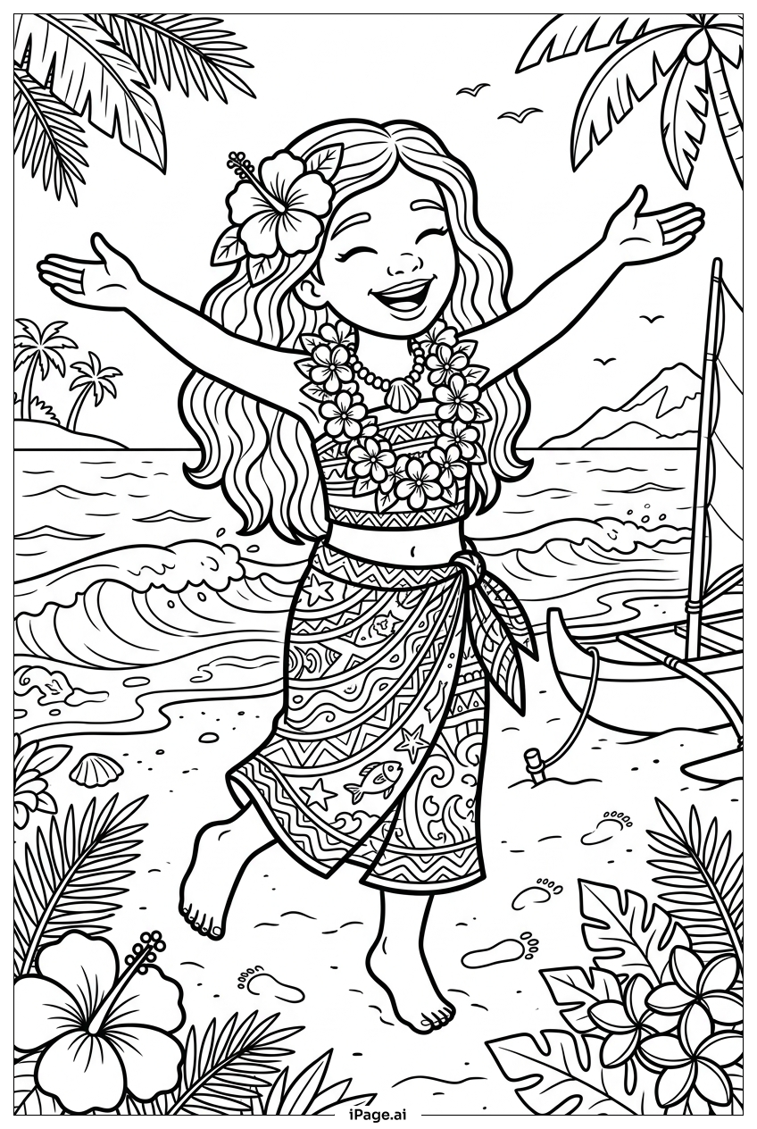 Page de coloriage Moana dansant joyeusement portant un collier de fleurs parfumées