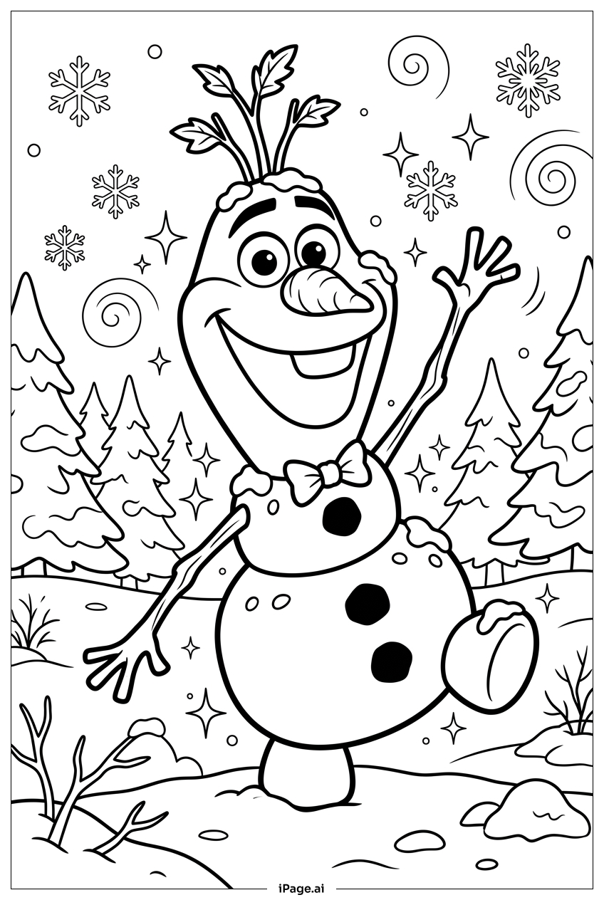 Olaf tanzt fröhlich im verschneiten Wald