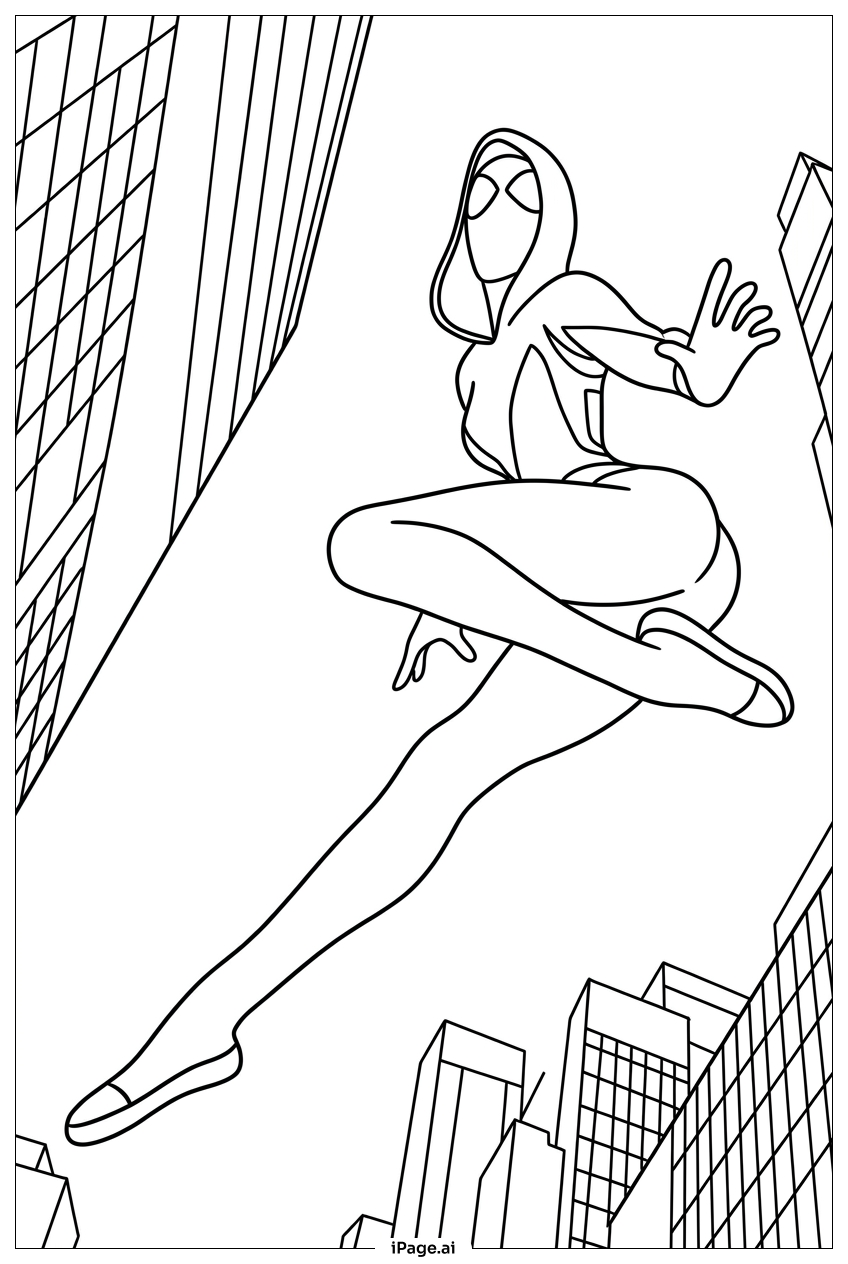 Spider Gwen soaring between towering city blocks Coloring Page