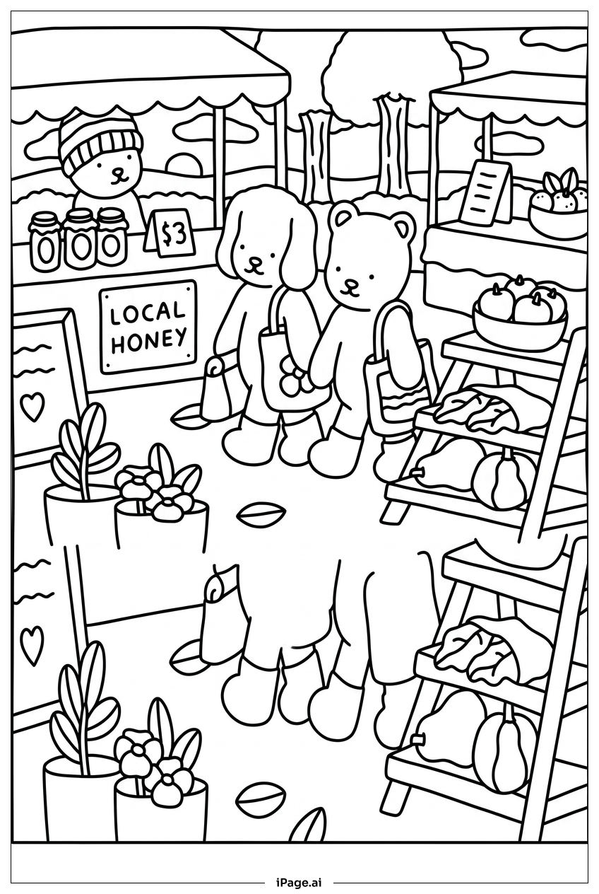 Página para colorear de Bobbie Goods Paseando por el Amigable Mercado de Agricultores