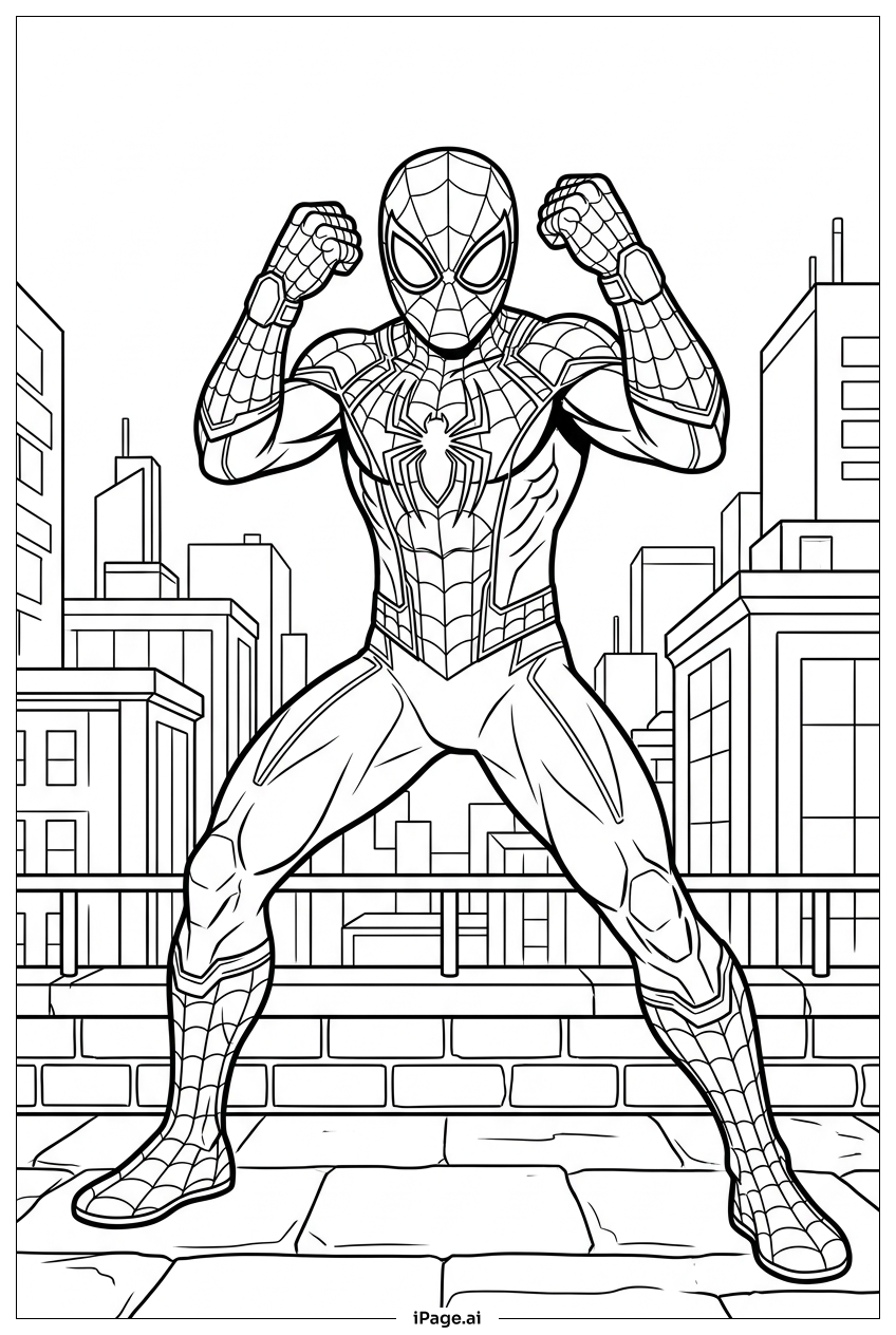 Página para colorir de Homem-Aranha mostra força antes do treino no telhado