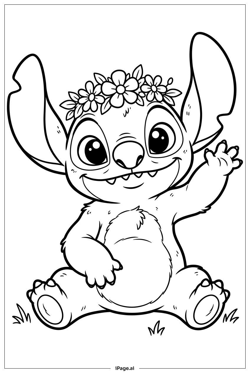 花の冠をかぶり、手を振っているスティッチの塗り絵ページ