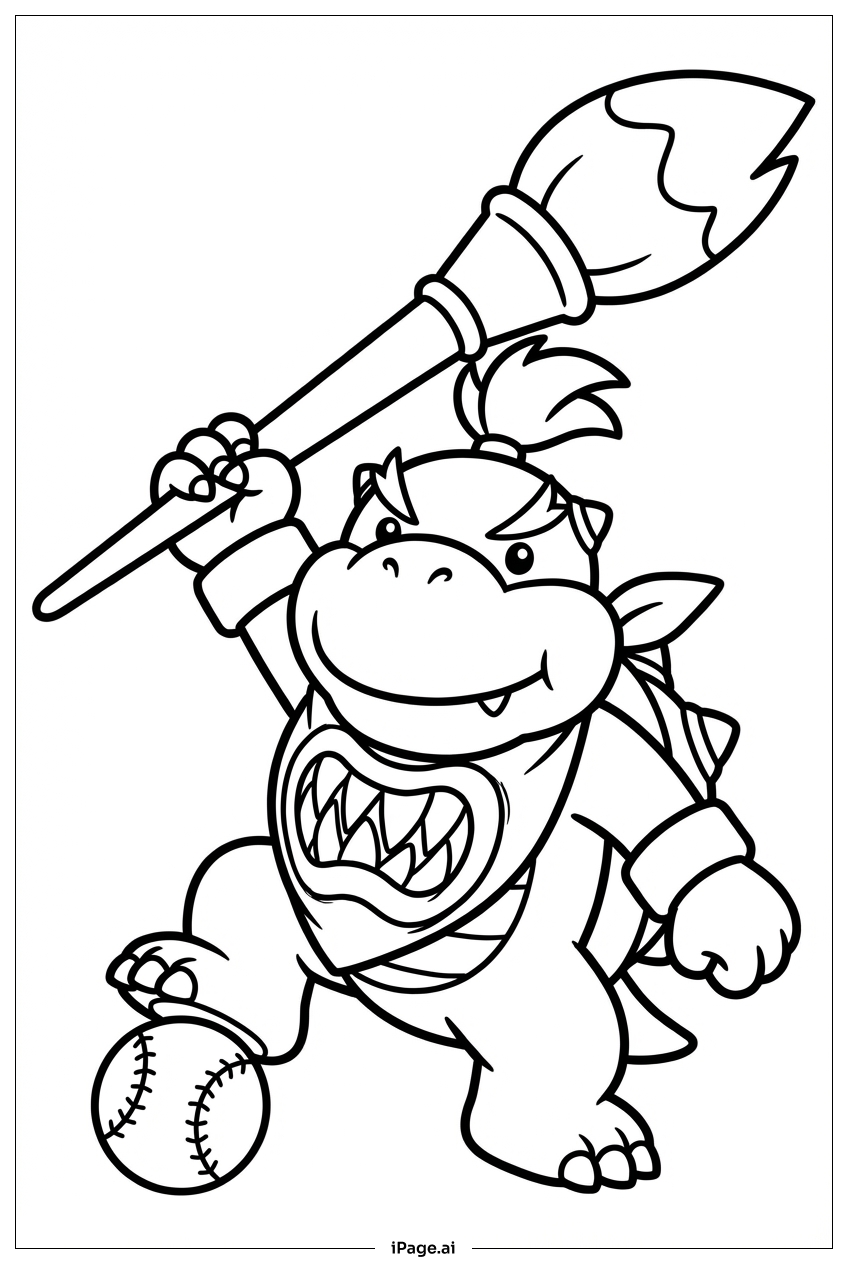 Page de coloriage Bowser Jr brandit un pinceau tout en lançant une balle de baseball