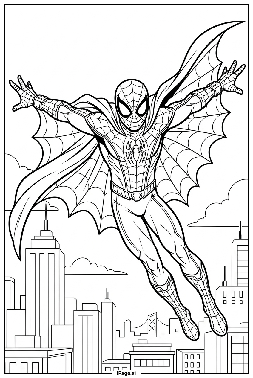 Página para colorir de Homem-Aranha desliza com asas em forma de teia sobre a cidade