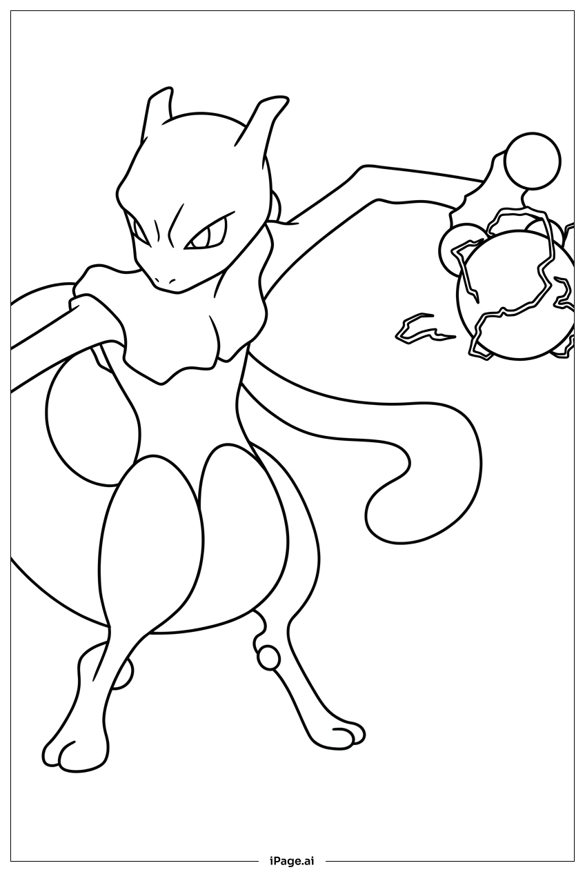 Página para colorear de Mewtwo desata una esfera de energía oscura crepitante
