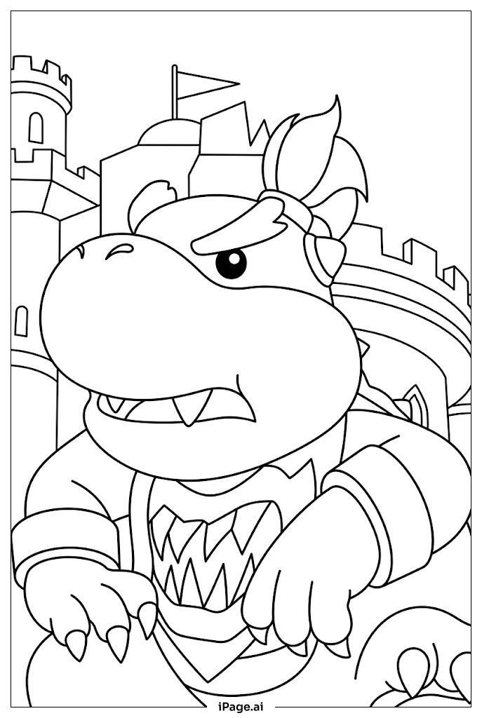 Page de coloriage Bowser Jr garde un château imposant avec un air renfrogné